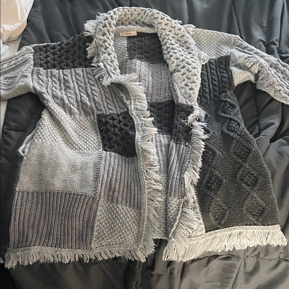 Amaryllis Gray Patchwork Cardigan with Fringe